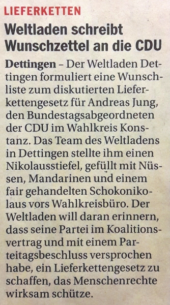Weltladen Dettingen schreibt Wunschzettel an die CDU