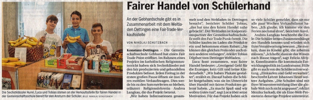 Südkurer: Fairer Handel von Schülerhand